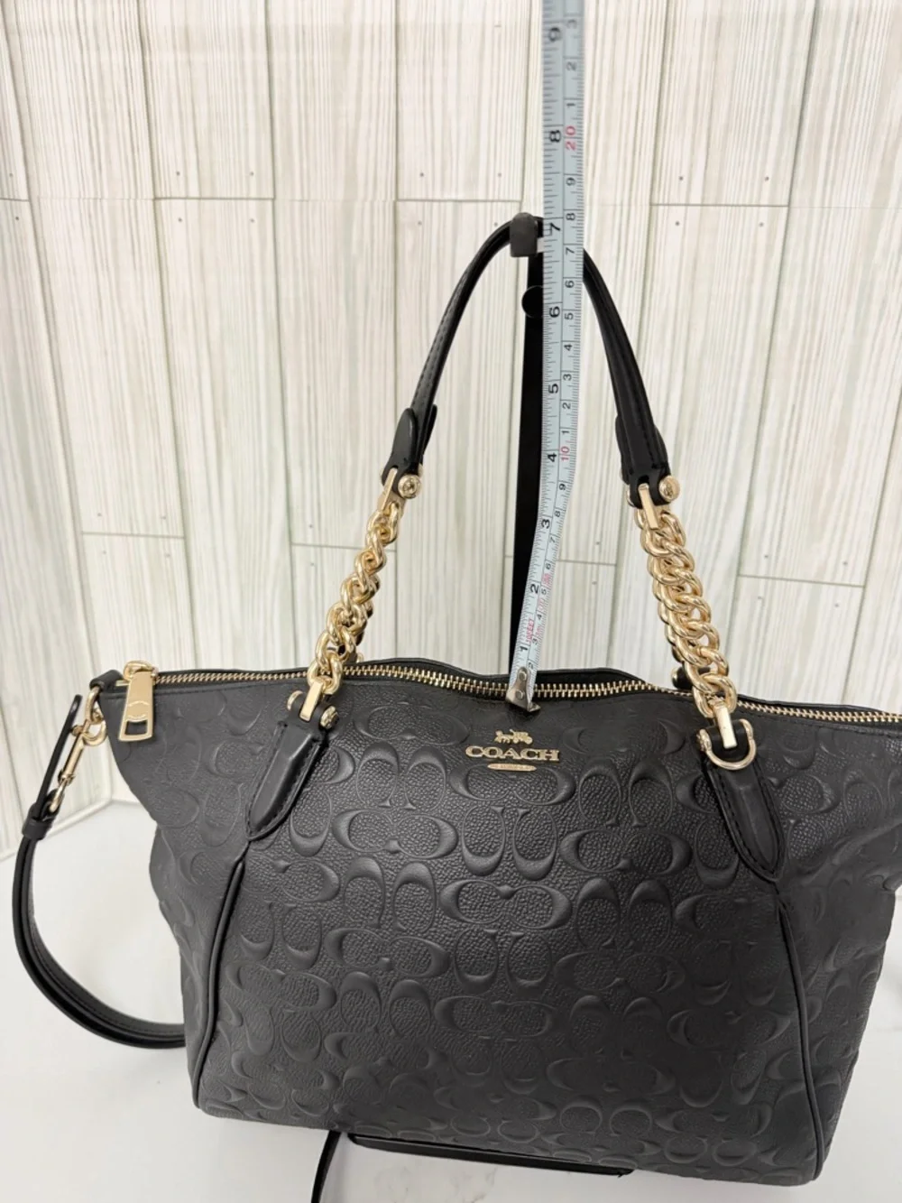 Coach Black Signature Debossed Leather Tote Chain Strap Crossbody Bag - Picture 10 of 16